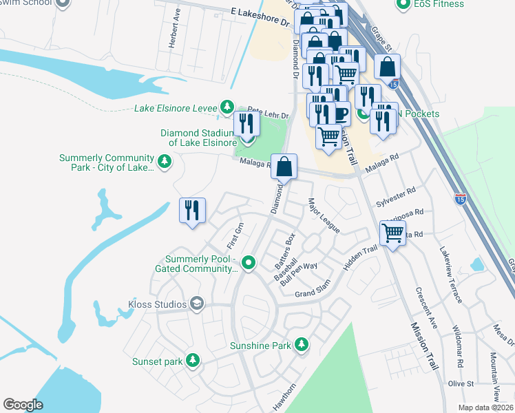 map of restaurants, bars, coffee shops, grocery stores, and more near 29353 Saint Andrews in Lake Elsinore