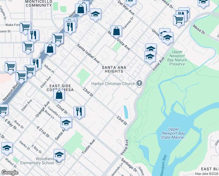 map of restaurants, bars, coffee shops, grocery stores, and more near 341 Peach Tree Lane in Newport Beach