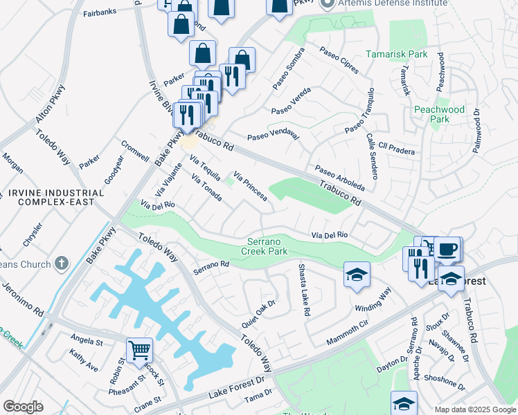 map of restaurants, bars, coffee shops, grocery stores, and more near 24771 Camino Villa in Lake Forest