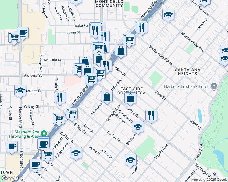map of restaurants, bars, coffee shops, grocery stores, and more near 2214 Elden Avenue in Costa Mesa