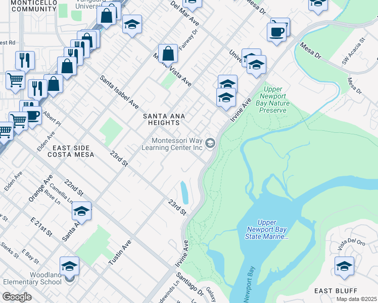 map of restaurants, bars, coffee shops, grocery stores, and more near 375 Santa Isabel Avenue in Newport Beach