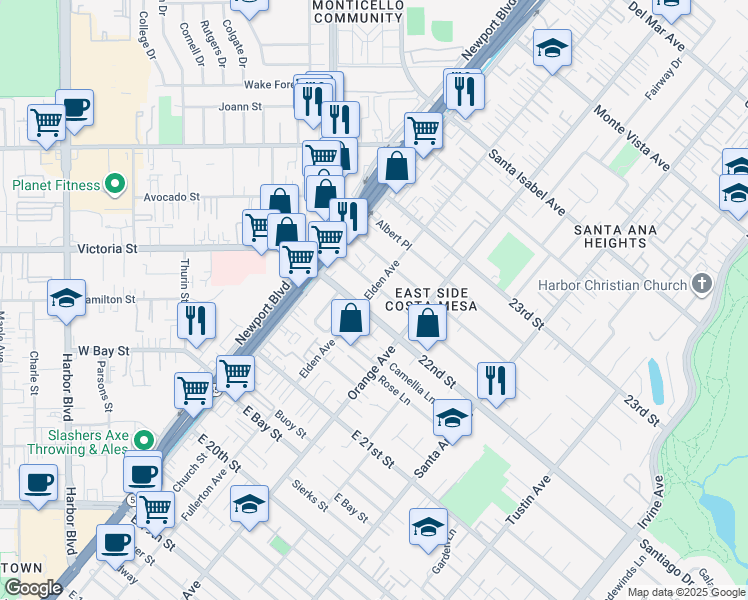 map of restaurants, bars, coffee shops, grocery stores, and more near 2214 Elden Avenue in Costa Mesa