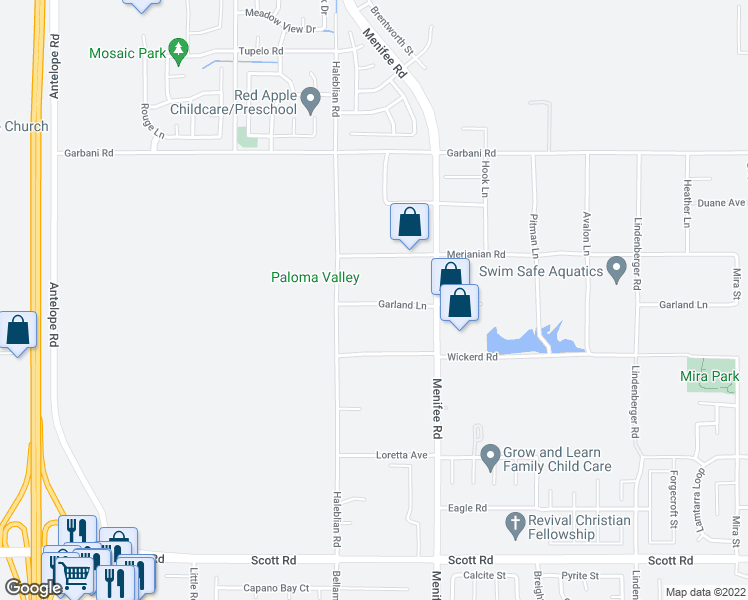map of restaurants, bars, coffee shops, grocery stores, and more near 28702 Garland Lane in Menifee