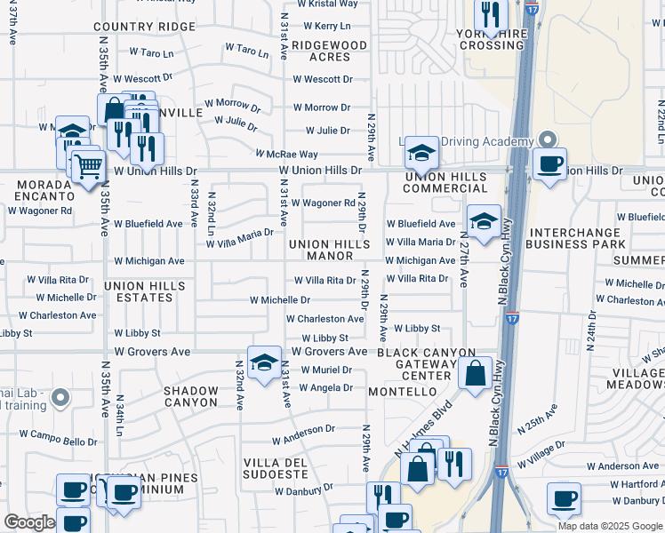 map of restaurants, bars, coffee shops, grocery stores, and more near 2953 West Michigan Avenue in Phoenix