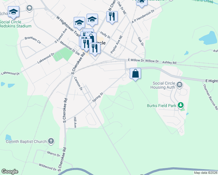 map of restaurants, bars, coffee shops, grocery stores, and more near 395 Chestnut Street in Social Circle