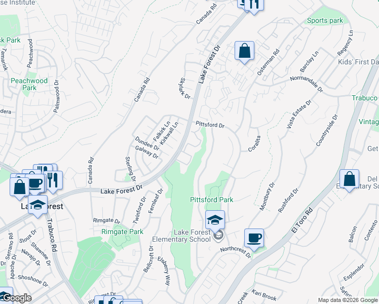 map of restaurants, bars, coffee shops, grocery stores, and more near 21486 Lake Forest Drive in Lake Forest