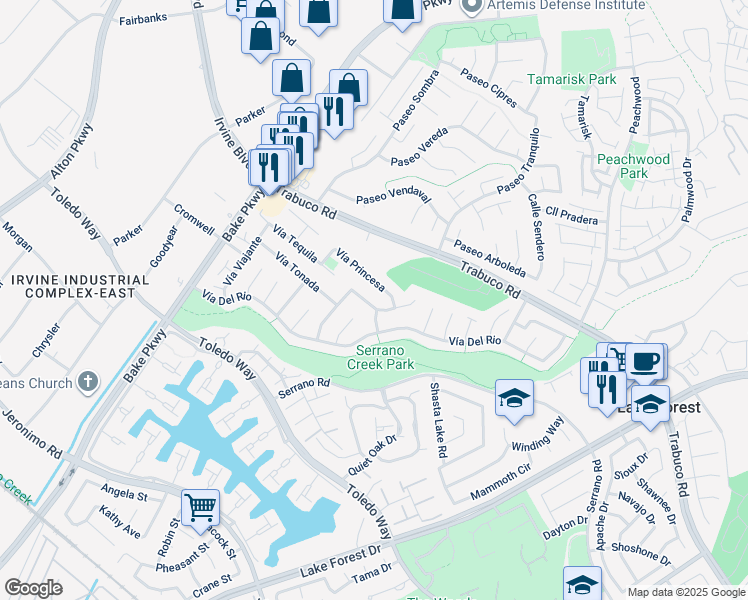 map of restaurants, bars, coffee shops, grocery stores, and more near 24771 Camino Villa in Lake Forest