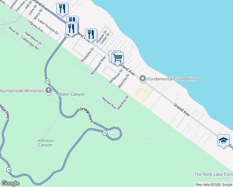 map of restaurants, bars, coffee shops, grocery stores, and more near 33202 Blanche Drive in Lake Elsinore