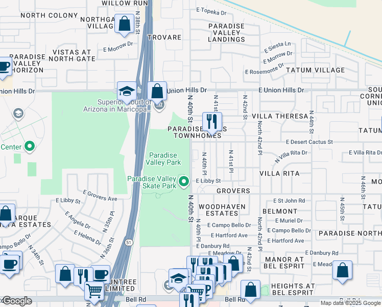 map of restaurants, bars, coffee shops, grocery stores, and more near 18009 North 40th Street in Phoenix