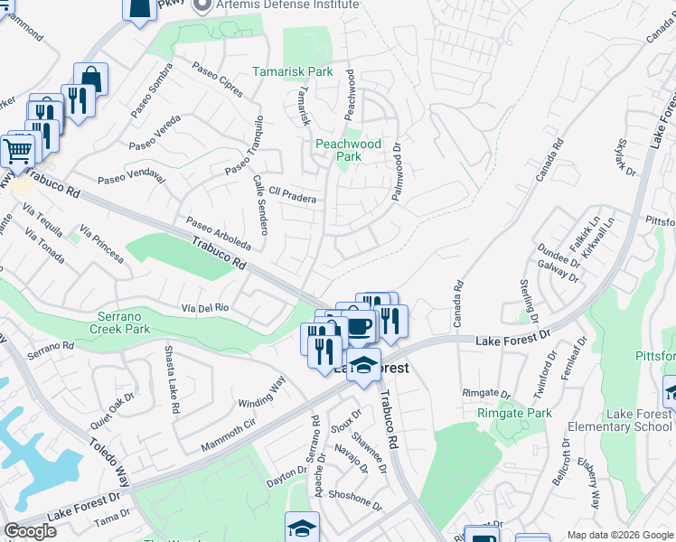 map of restaurants, bars, coffee shops, grocery stores, and more near 25326 Elderwood in Lake Forest