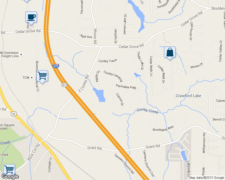 map of restaurants, bars, coffee shops, grocery stores, and more near 1764 Lake Edge Circle in Conley