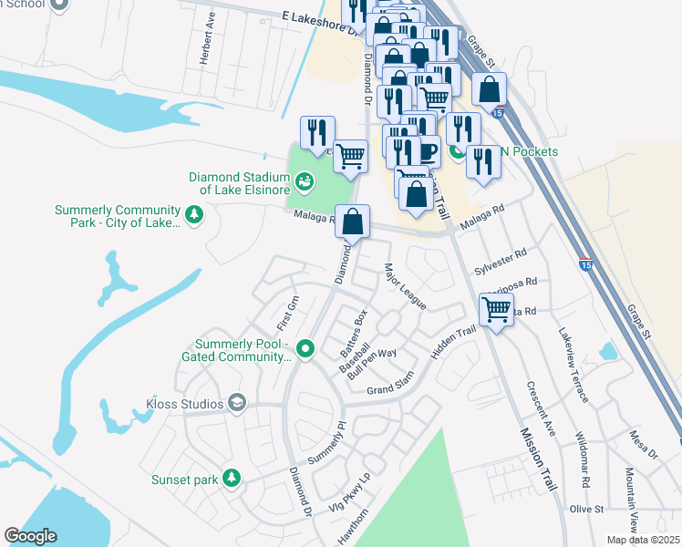 map of restaurants, bars, coffee shops, grocery stores, and more near Diamond Drive in Lake Elsinore