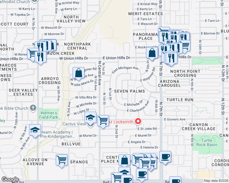map of restaurants, bars, coffee shops, grocery stores, and more near 18205 North 1st Place in Phoenix