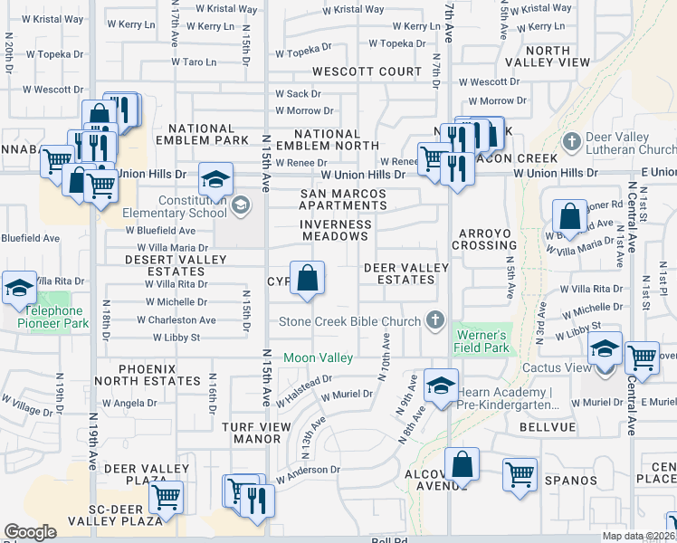 map of restaurants, bars, coffee shops, grocery stores, and more near 18201 North 11th Drive in Phoenix