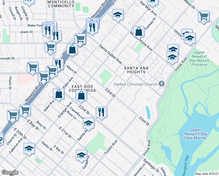 map of restaurants, bars, coffee shops, grocery stores, and more near 270 23rd Street in Costa Mesa
