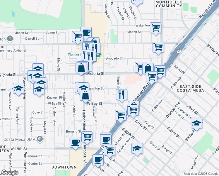map of restaurants, bars, coffee shops, grocery stores, and more near 364 Hamilton Street in Costa Mesa