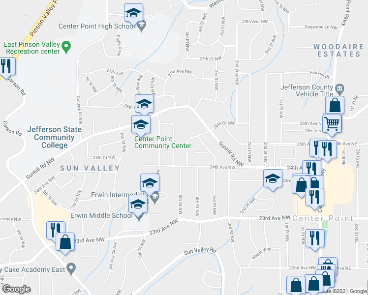 map of restaurants, bars, coffee shops, grocery stores, and more near 2416 4th Street Northwest in Center Point