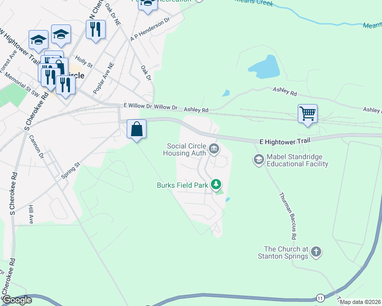 map of restaurants, bars, coffee shops, grocery stores, and more near 319 Dove Point in Social Circle