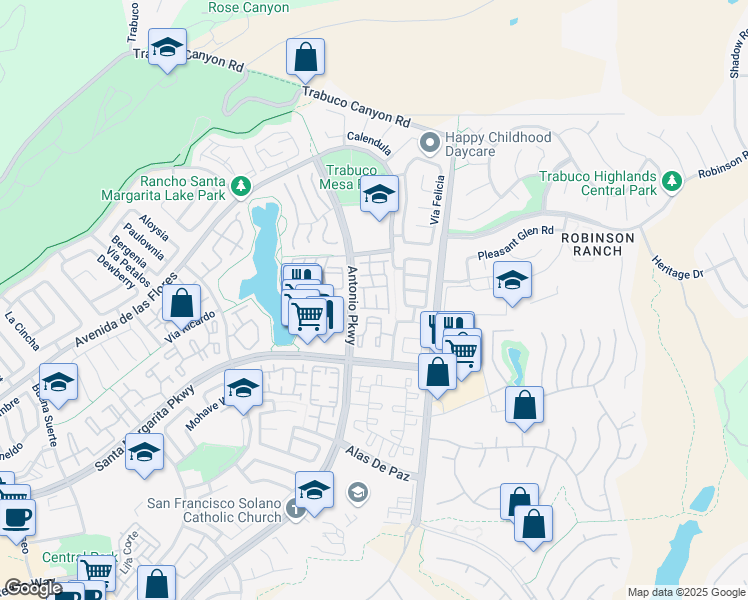 map of restaurants, bars, coffee shops, grocery stores, and more near 3 Geranium in Rancho Santa Margarita