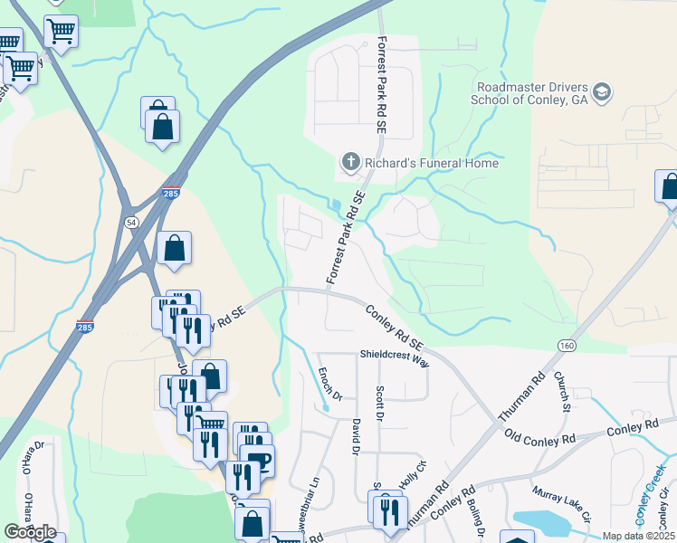 map of restaurants, bars, coffee shops, grocery stores, and more near 3798 Forrest Park Road Southeast in Atlanta