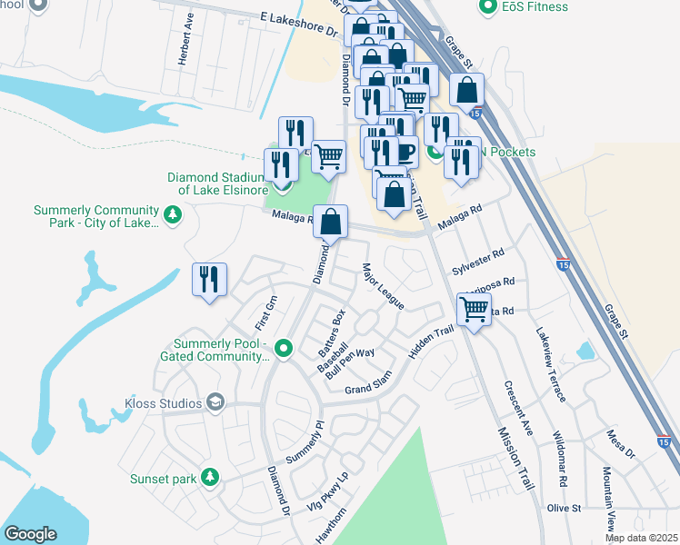 map of restaurants, bars, coffee shops, grocery stores, and more near 29433 Wrigley's Circle in Lake Elsinore