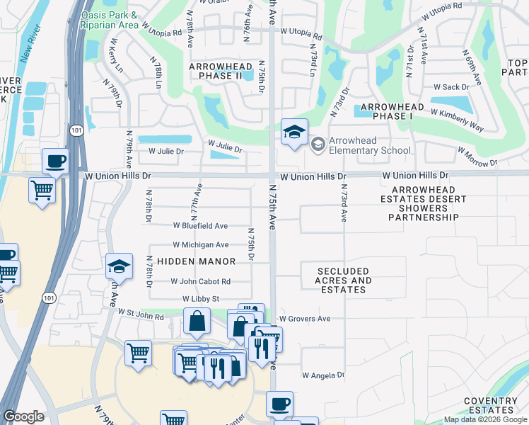 map of restaurants, bars, coffee shops, grocery stores, and more near 7513 West Wagoner Road in Glendale
