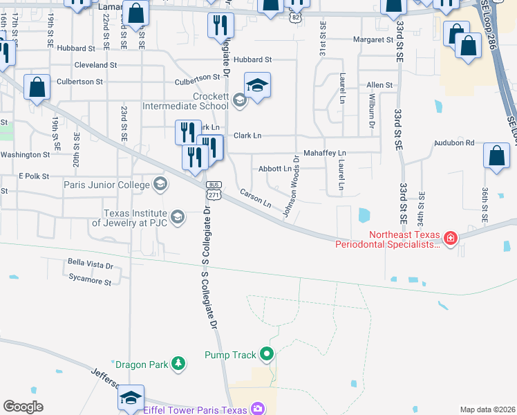map of restaurants, bars, coffee shops, grocery stores, and more near 2905 Clarksville Street in Paris