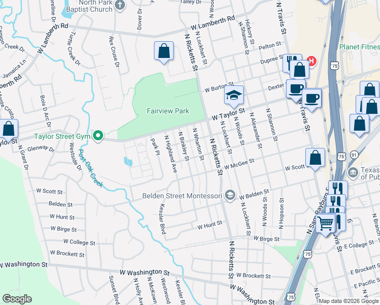 map of restaurants, bars, coffee shops, grocery stores, and more near 1709 North Binkley Street in Sherman