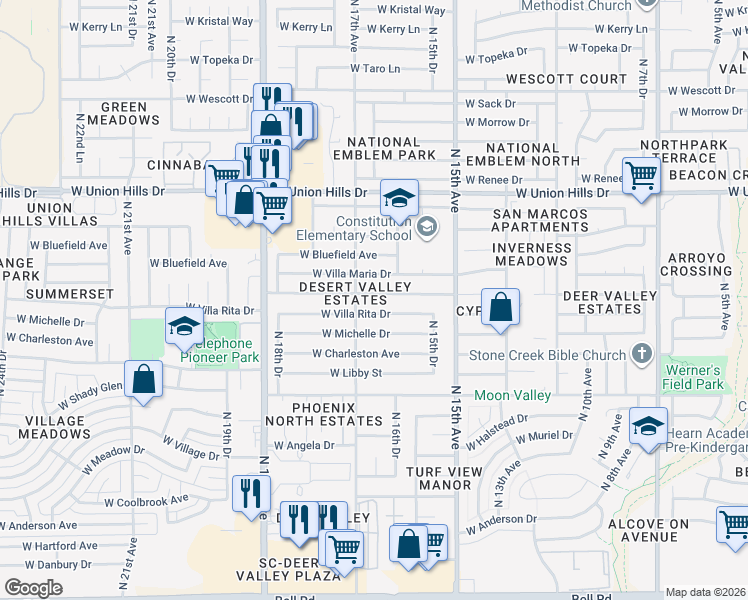 map of restaurants, bars, coffee shops, grocery stores, and more near 1633 West Michigan Avenue in Phoenix