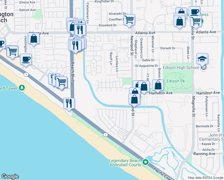map of restaurants, bars, coffee shops, grocery stores, and more near 8352 Noelle Drive in Huntington Beach