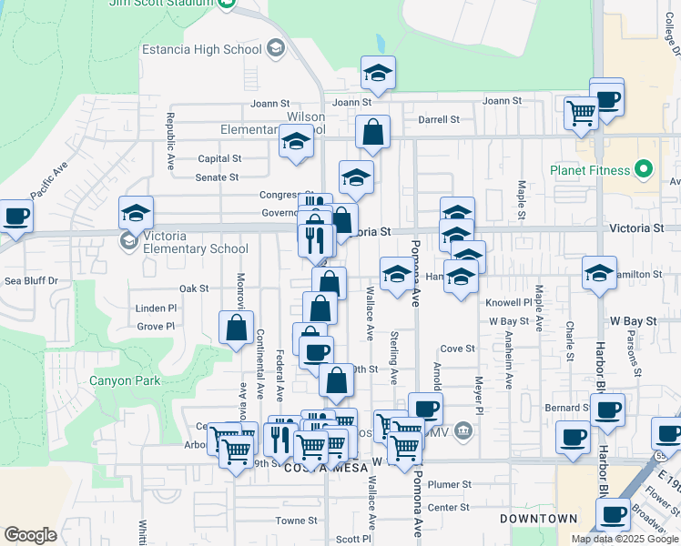 map of restaurants, bars, coffee shops, grocery stores, and more near 790 Hamilton Street in Costa Mesa