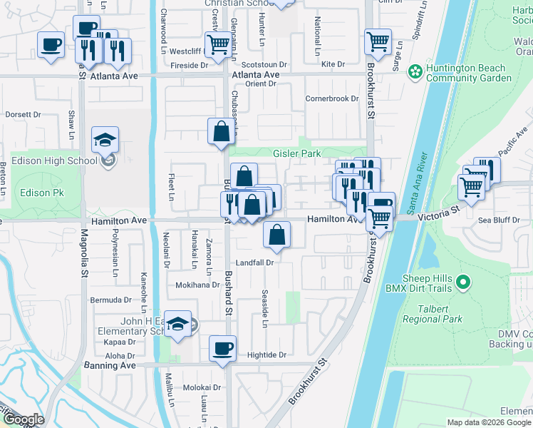 map of restaurants, bars, coffee shops, grocery stores, and more near 9632 Peppertree Drive in Huntington Beach