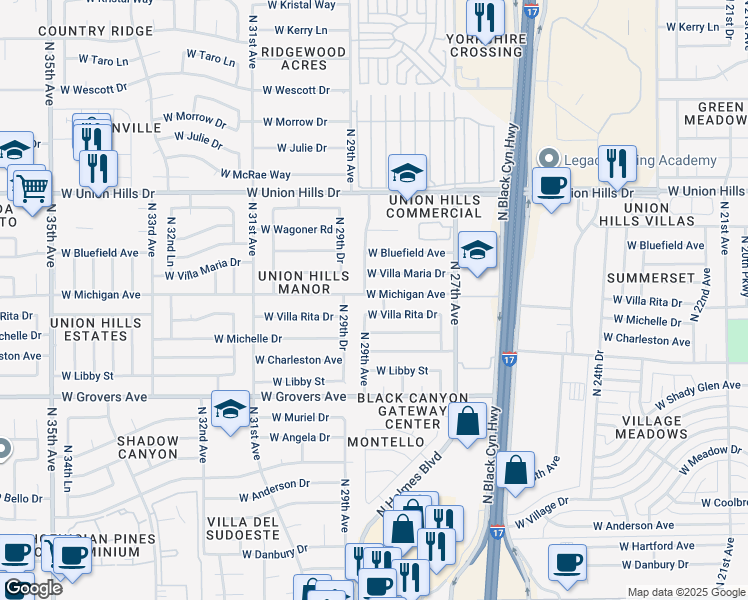 map of restaurants, bars, coffee shops, grocery stores, and more near 2833 West Michigan Avenue in Phoenix