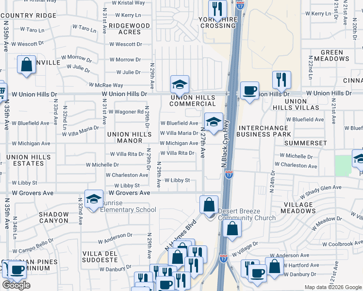 map of restaurants, bars, coffee shops, grocery stores, and more near 2745 West Michigan Avenue in Phoenix