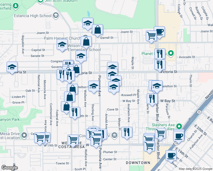 map of restaurants, bars, coffee shops, grocery stores, and more near 2110 Harper Way in Costa Mesa