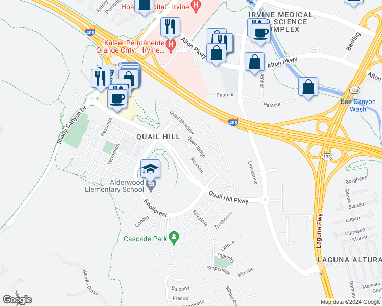 map of restaurants, bars, coffee shops, grocery stores, and more near 119 Reunion in Irvine