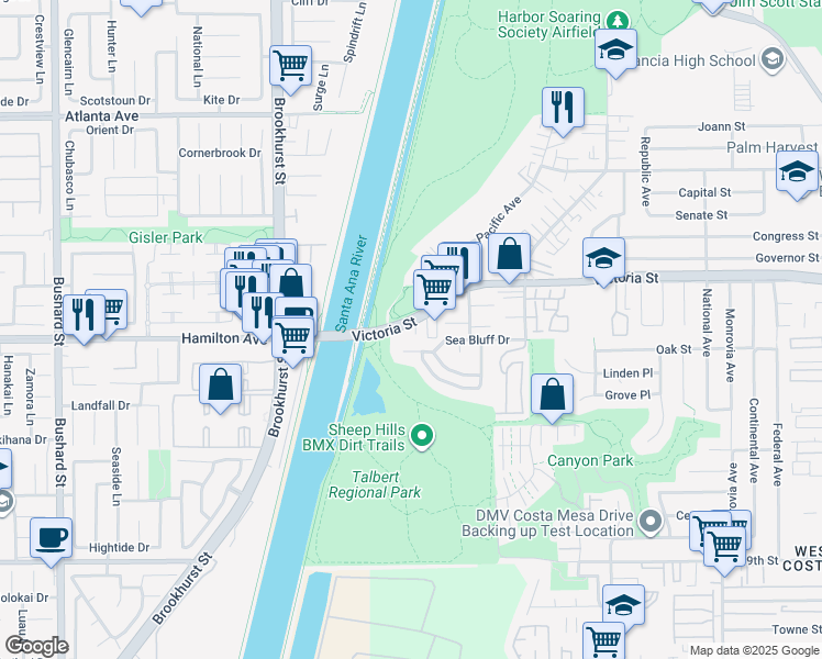 map of restaurants, bars, coffee shops, grocery stores, and more near 1289 Westreef in Costa Mesa