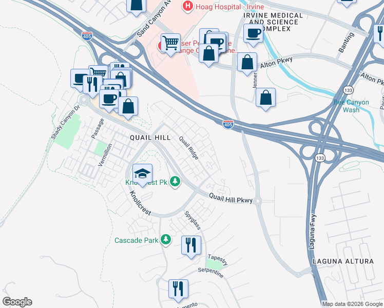 map of restaurants, bars, coffee shops, grocery stores, and more near 95 Reunion in Irvine