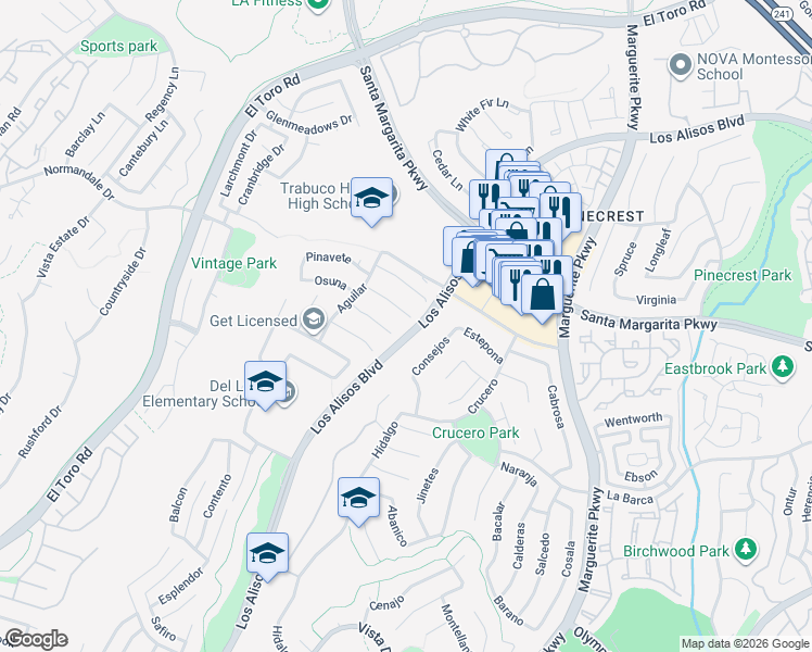map of restaurants, bars, coffee shops, grocery stores, and more near 27542 Cabeza in Mission Viejo