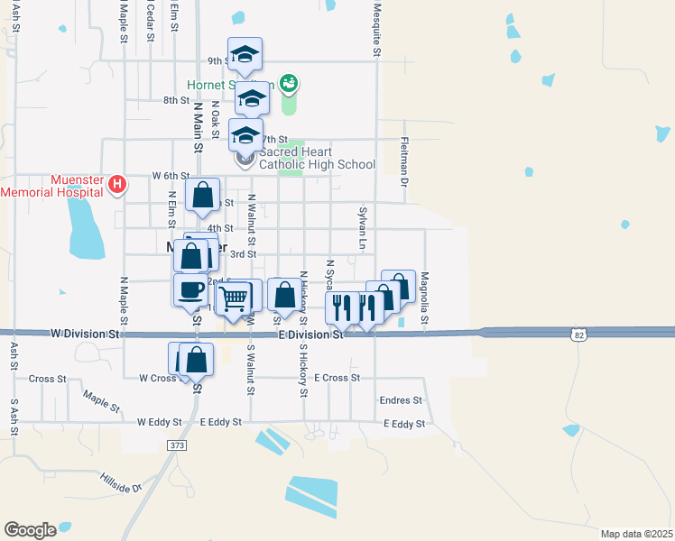 map of restaurants, bars, coffee shops, grocery stores, and more near 308 North Sycamore Street in Muenster