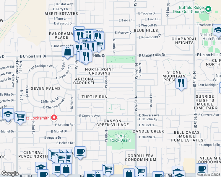 map of restaurants, bars, coffee shops, grocery stores, and more near 913 East Villa Rita Drive in Phoenix