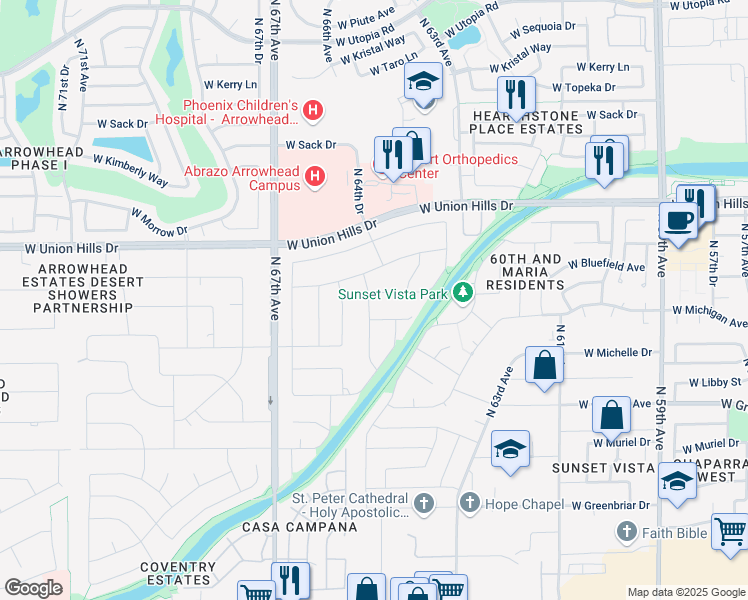 map of restaurants, bars, coffee shops, grocery stores, and more near 6407 West Bluefield Avenue in Glendale