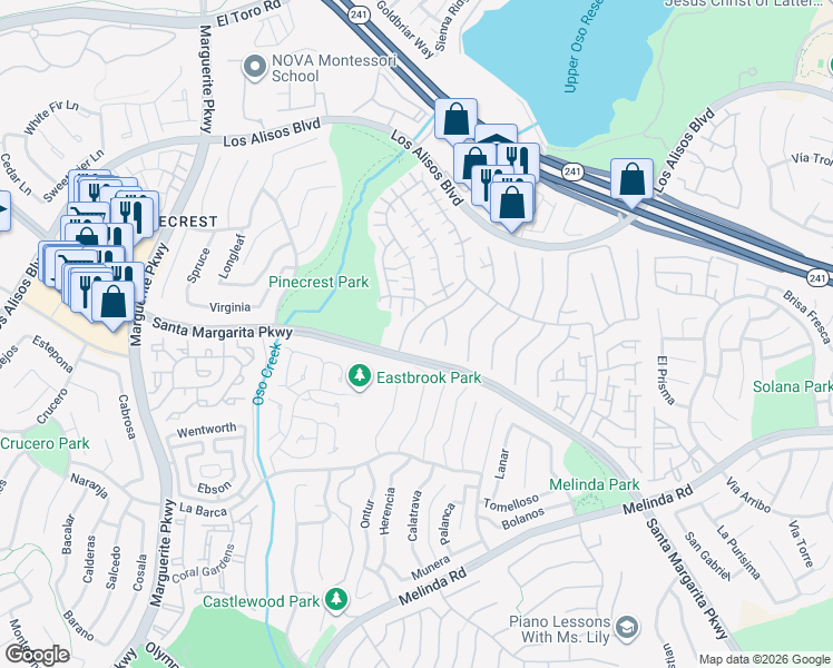 map of restaurants, bars, coffee shops, grocery stores, and more near 21485 Miramar in Mission Viejo