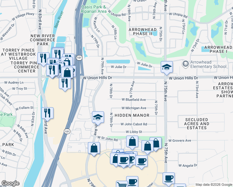map of restaurants, bars, coffee shops, grocery stores, and more near 7727 W Wagoner Rd in Glendale