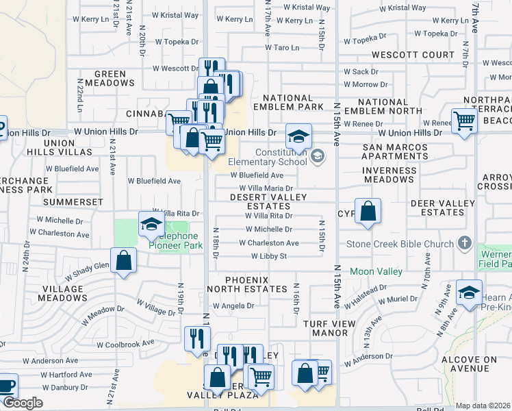 map of restaurants, bars, coffee shops, grocery stores, and more near 1715 West Michigan Avenue in Phoenix