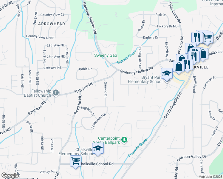 map of restaurants, bars, coffee shops, grocery stores, and more near 2424 Debbie Drive in Center Point