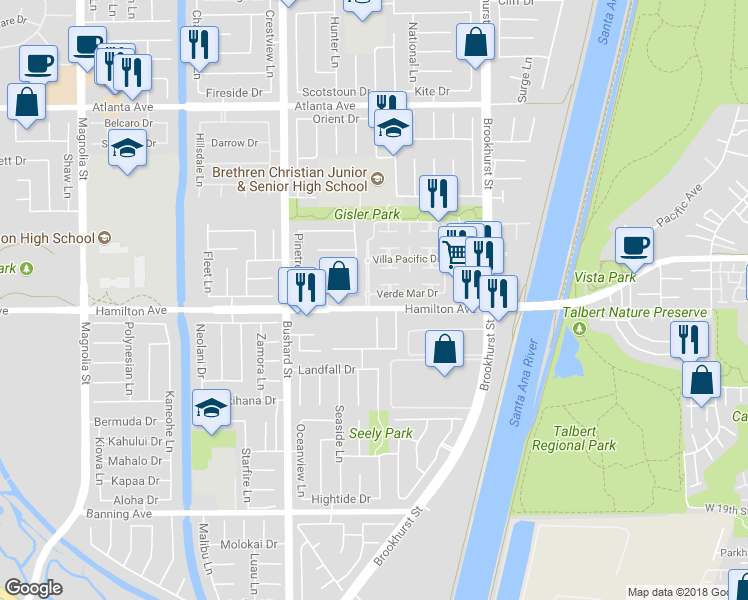 map of restaurants, bars, coffee shops, grocery stores, and more near 9682 Verde Mar Drive in Huntington Beach