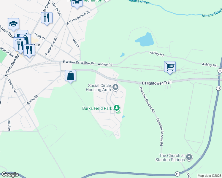 map of restaurants, bars, coffee shops, grocery stores, and more near 202 Dove Place in Social Circle