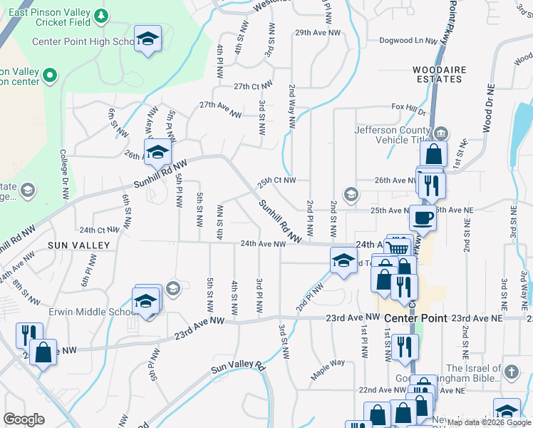 map of restaurants, bars, coffee shops, grocery stores, and more near 317 Sunhill Road Northwest in Center Point