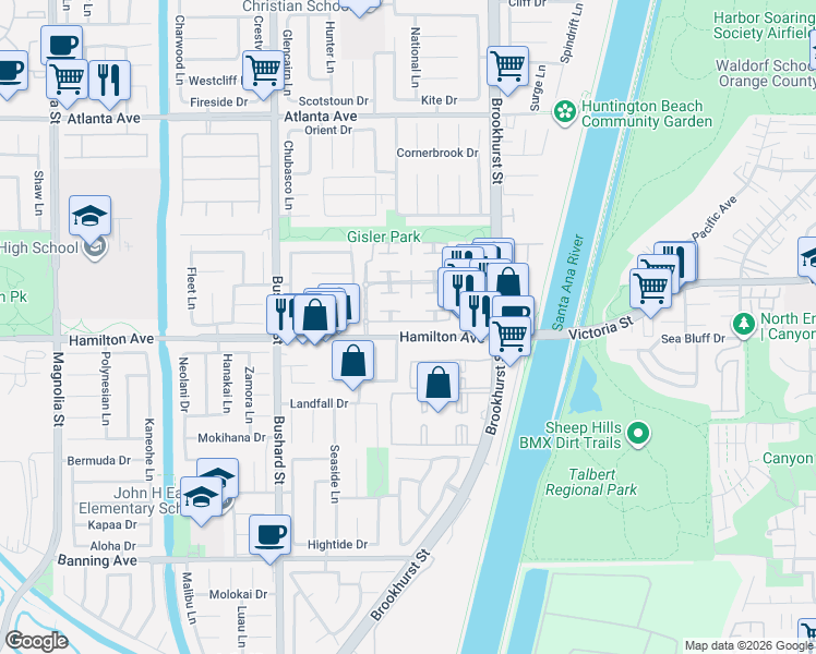 map of restaurants, bars, coffee shops, grocery stores, and more near in Huntington Beach